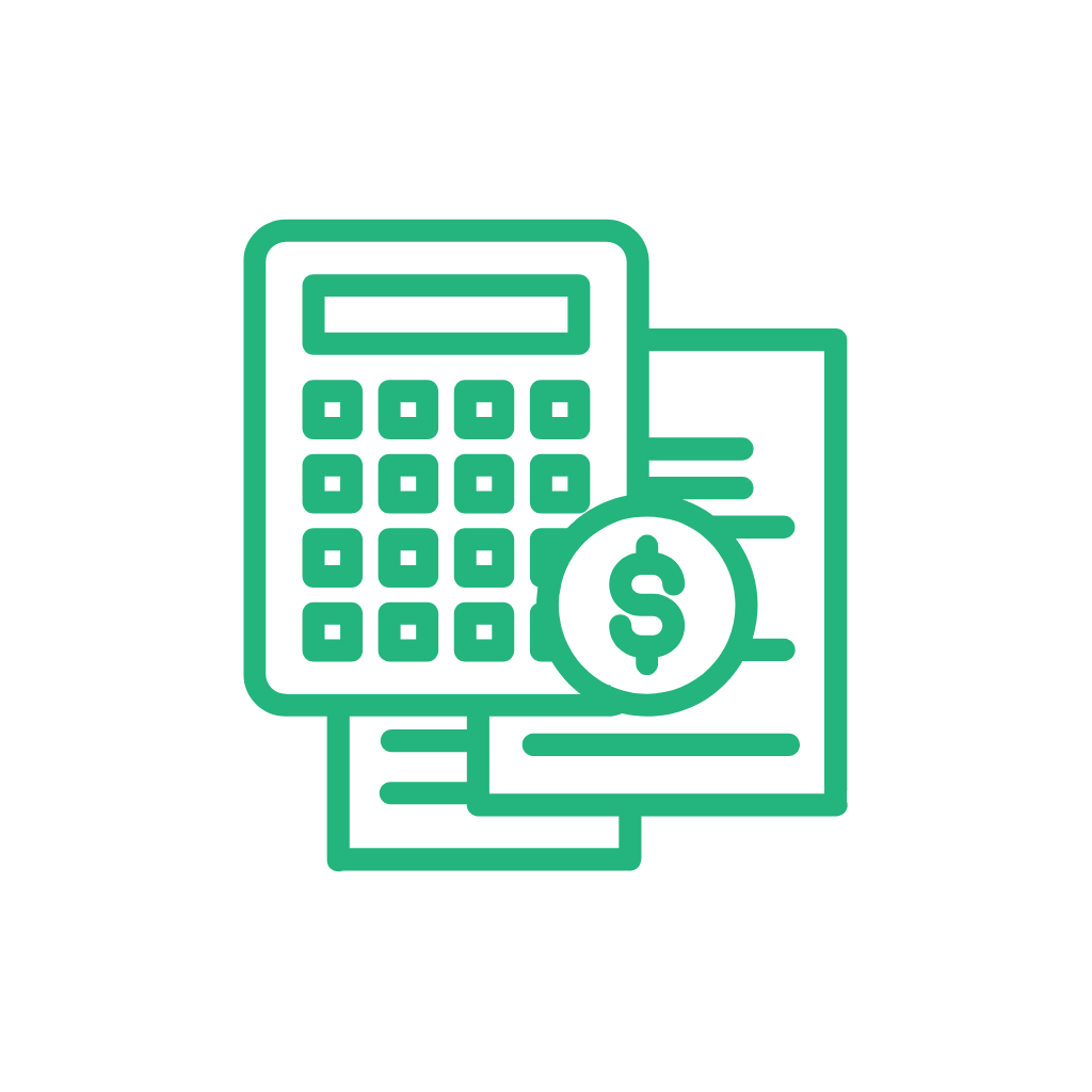 Depa Finance Green calculator icon with two sheets of paper and a dollar sign coin symbolizing financial calculation or budgeting.