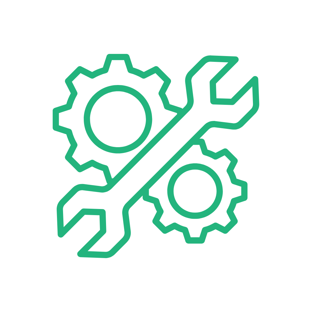 Depa Finance Green outlined wrench crossed with two gears icon representing tools and settings.