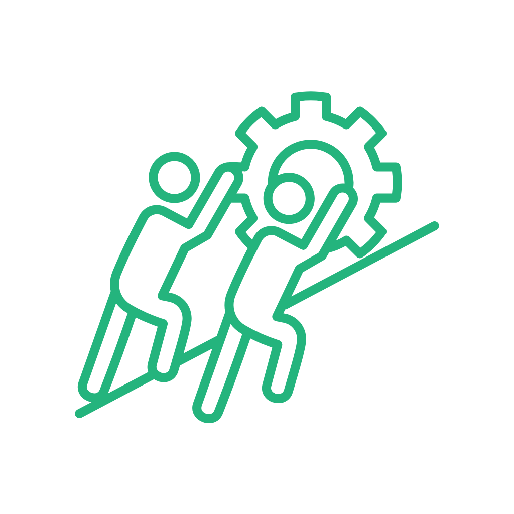 Depa Icon of two people pushing a large gear uphill, symbolizing teamwork or collaboration.