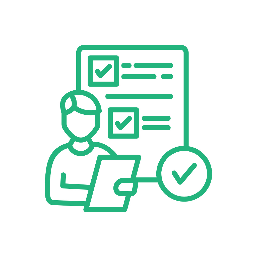 Outline of person holding a tablet with checklist and check marks in the background.